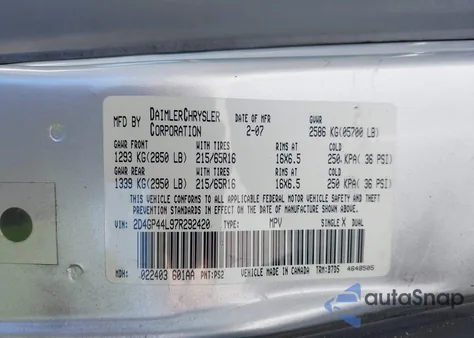 2007 Dodge Grand Caravan Sxt from USA, damaged, VIN 2D4GP44L97R292420